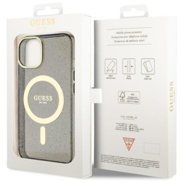 Guess iPhone 14 Mobilskal MagSafe Glitter Guld - Musta