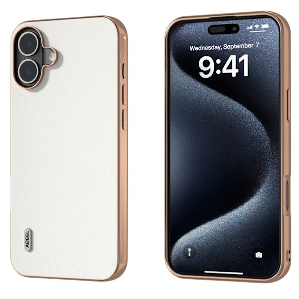 ABEEL Mobilskal till iPhone 16 Electroplating Äkta Läder PC - Vit