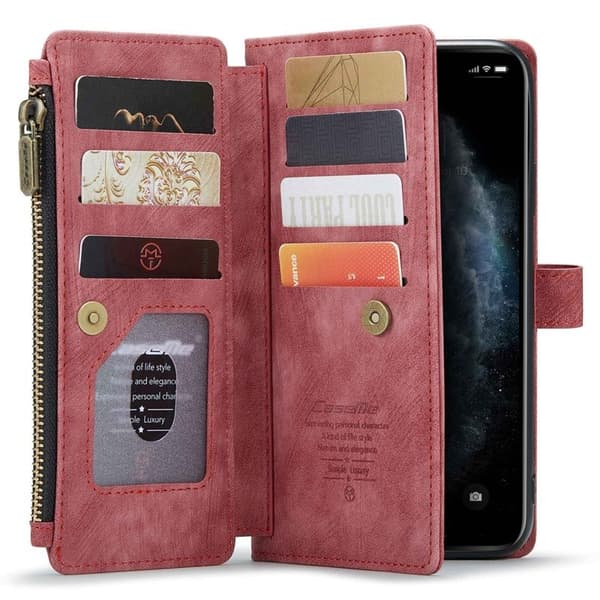 CASEME Konstläder Plånboksfodral för iPhone 11 Pro Max med Rem - Röd