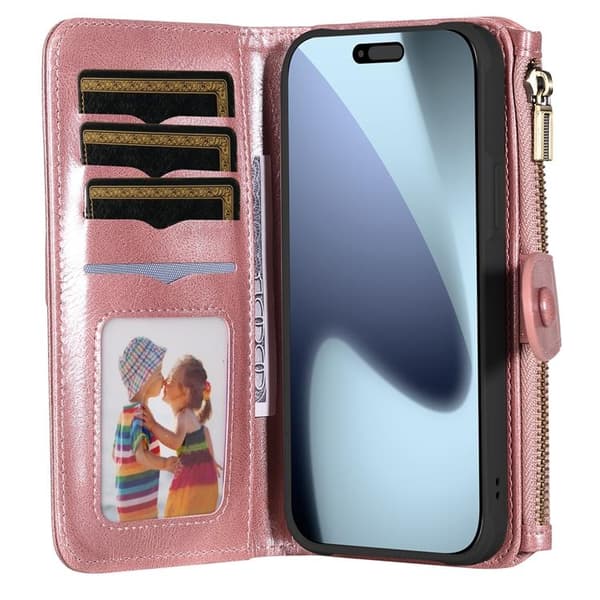 iPhone 17 Pro Max Konstläder Plånboksfodral Detachable Zipper - Roséguld Roséguld