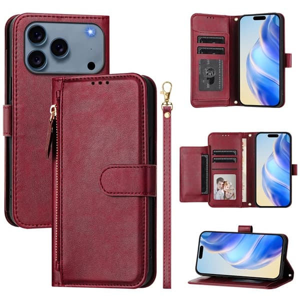 iPhone 17 Pro Max Plånboksfodral Zipper Pocket Läder - Röd Röd