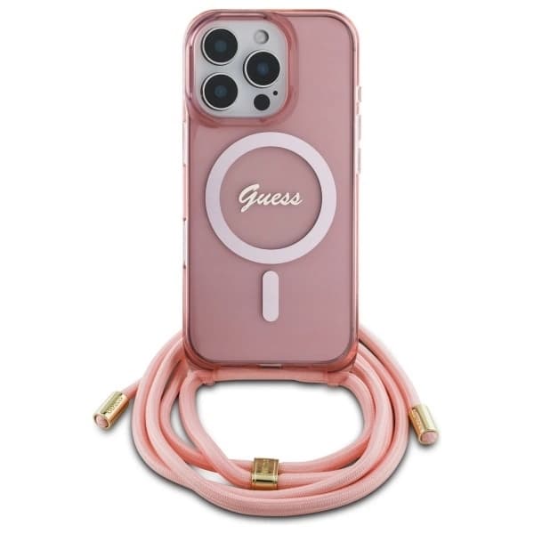 Guess Telefontaske til iPhone 16 Pro Max MagSafe Crossbody Cord Script - Pink Rosa