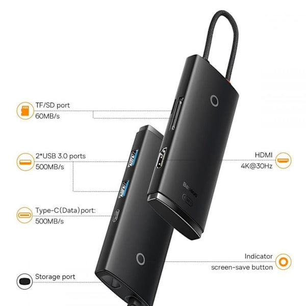 Baseus Lite Series 6-Port HUB Adapter USB-C - Svart Svart