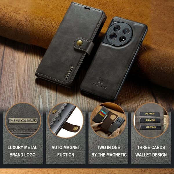 DG.MING OnePlus 12 5G Plånboksfodral Äkta läder med Ställ - Grå