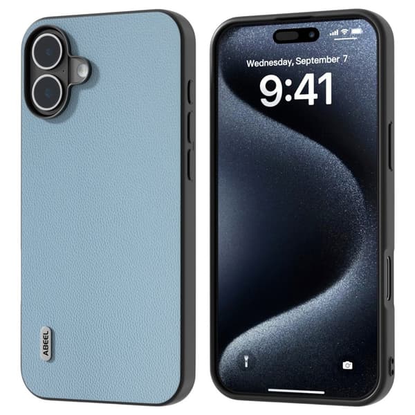 ABEEL Mobilskal till iPhone 16 Plus Äkta Läder Coated PC+TPU - Ljusblå