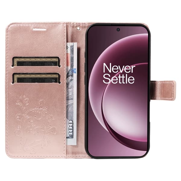 OnePlus 15 Konstläder Plånboksfodral Floral Butterfly Imprinted Roséguld