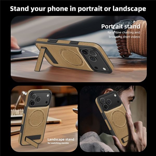 Mobilskal till iPhone 17 Pro MagSafe Kickstand Läder - Guld Guld