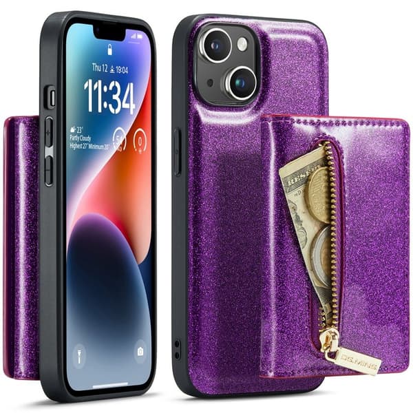 DG.MING M3 Series iPhone 15 Plus Konstläder Plånboksfodral Glitter Lila