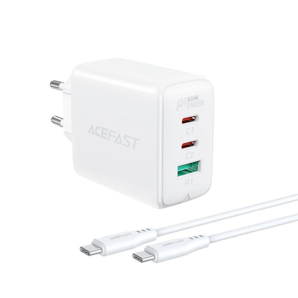 Acefast 2i1 Vægoplader 2x USB-C Til USB 65W Kabel - Hvid