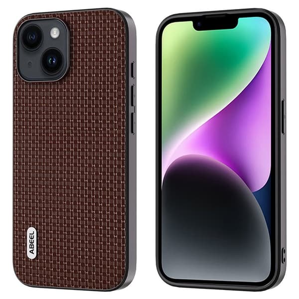 ABEEL Mobilskal till iPhone 14 Shockproof Äkta Läder Coated PC+TPU Brun