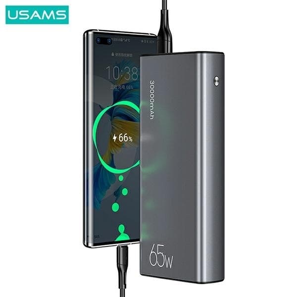 USAMS Powerbank 30000mAh 65W 2xUSB-A 1xUSB-C Med USB-C Kabel Svart