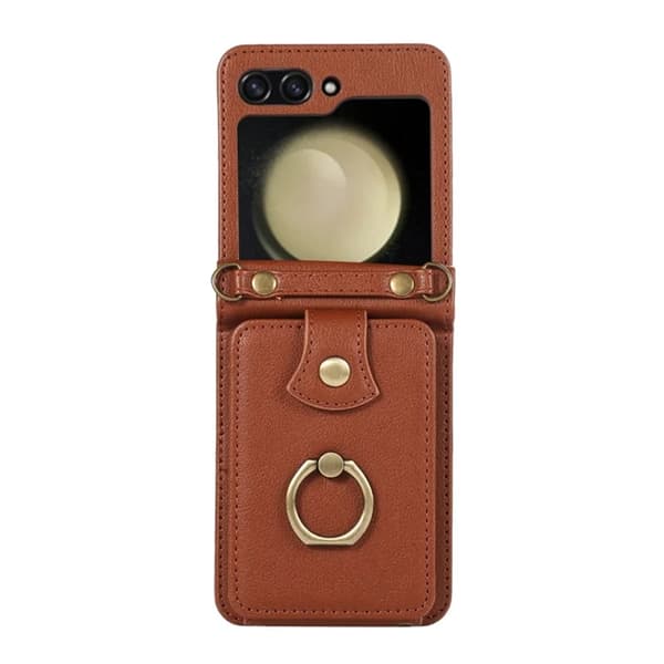 Galaxy Z Flip7 Plånboksfodral Ring Kickstand med Lång rem - Brun Brun