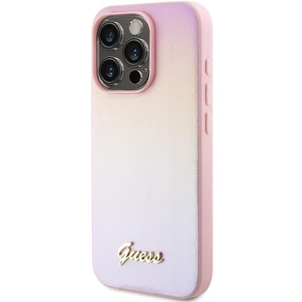 Guess Mobilskal till iPhone 15 Pro Saffiano Iridescent Script - Rosa Rosa