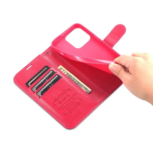 AZNS iPhone 15 Pro Plånboksfodral Konstläder med ställ - Röd