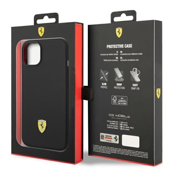 Ferrari iPhone 14 Plus -kuori, silikoni, metallilogo - Musta Black