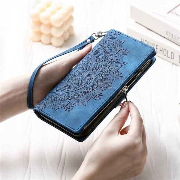 iPhone 15 Plus Plånboksfodral Mandala Flower Imprinted - Blå