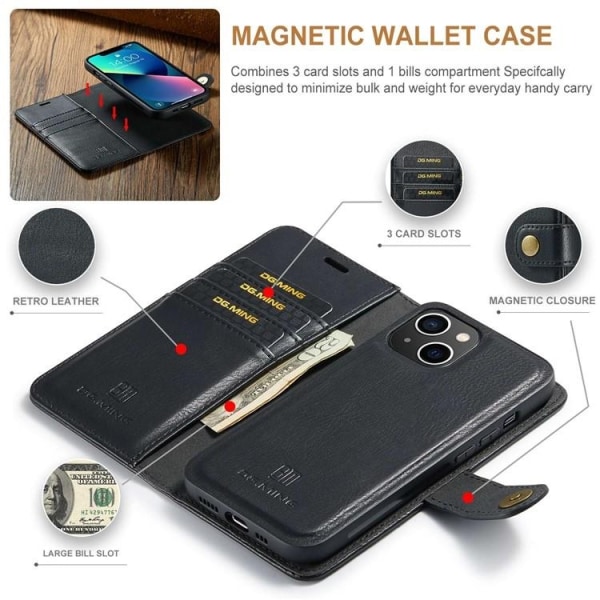 DG.MING iPhone 15 Plus Plånboksfodral Äkta Läder 2in1 - Svart