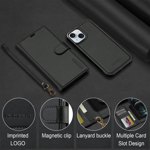 LC.IMEEKE L2 Series iPhone 15 Plånboksfodral Konstläder - Svart