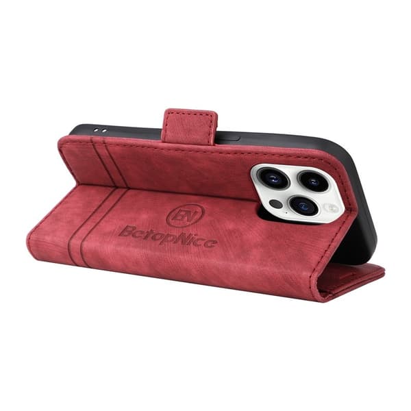BETOPNICE 001 iPhone 15 Pro Max Plånboksfodral Shockproof Konstläder - Röd