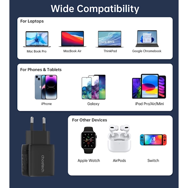 Choetech USB-C USB-C Väggladdare PD 35W GaN - Svart Svart