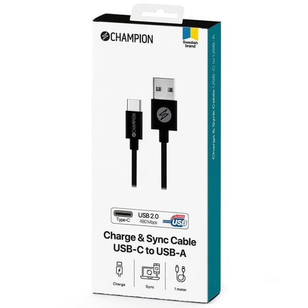 CHAMPION USB-C till USB-A kabel 3m - Svart Black