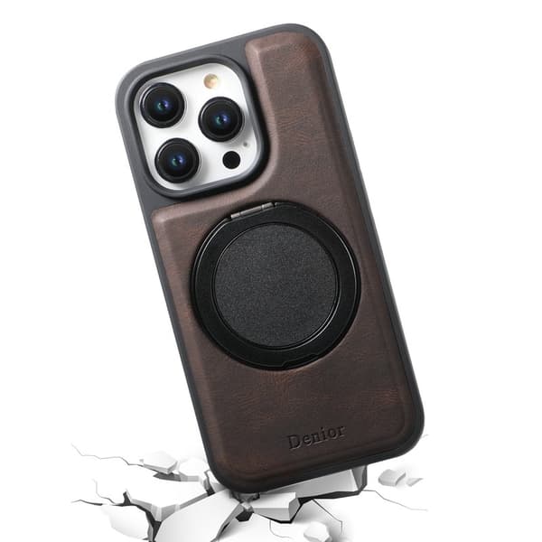 DENIOR Mobilskal till iPhone 15 Pro Magnetiskt Rotationsstativ Läder PC TPU Brun