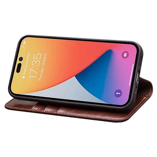 QIALINO iPhone 14 Pro Max Plånboksfodral Äkta Läder Drop Proof Brun