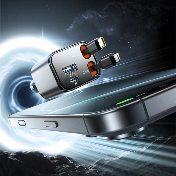 Joyroom 4in1 Billaddare 30W USB-A/USB-C Infällbar Kabel Mörkgrå Grå