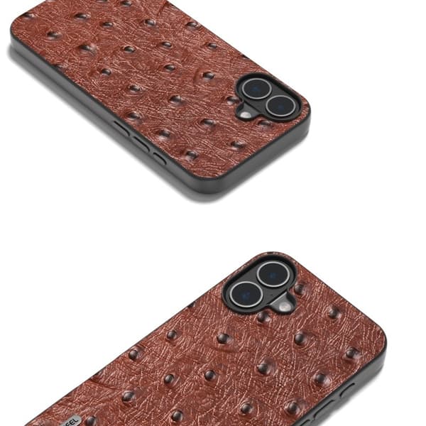 ABEEL Mobilskal till iPhone 16 Plus Ostrich Textur Äkta Läder Brun