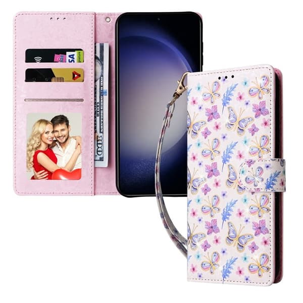 Samsung Galaxy S26 Plus Plånboksfodral RFID Skydd Konstläder - Fjäril Blomma