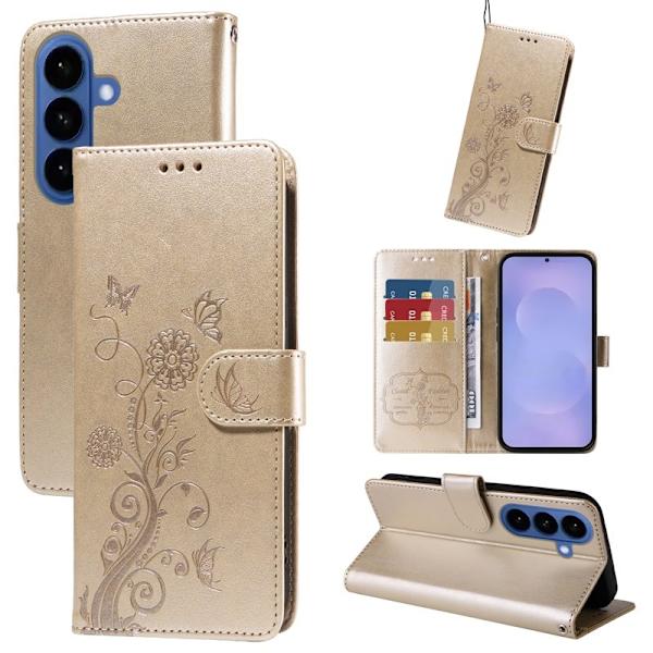 Samsung Galaxy S26 Plus Plånboksfodral Konstläder Blomtryck Ställ - Guld