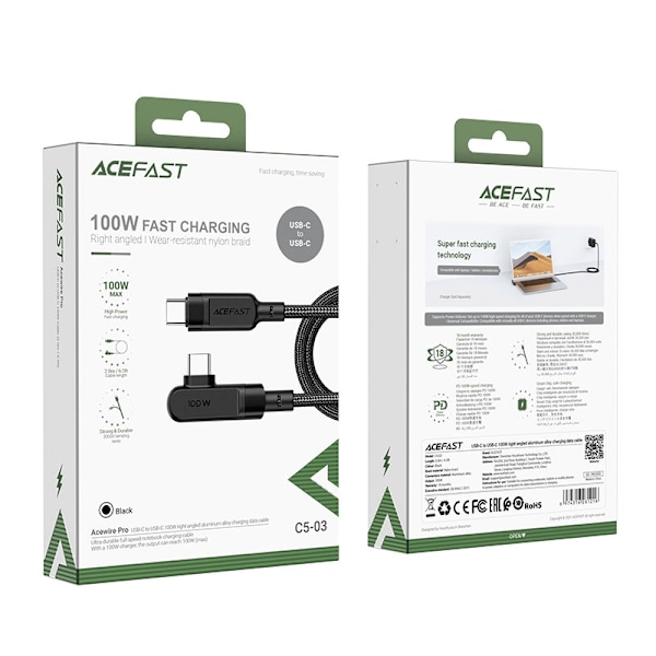 Acefast Vinklad USB-C till USB-C kabel 100W 2m - Svart Svart