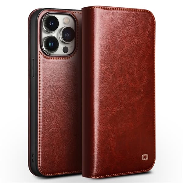 QIALINO iPhone 15 Pro Plånboksfodral Äkta Läder Shockproof Brun