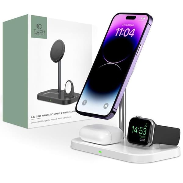 Tech-Protect 3-in-1 Trådlös Laddare Magsafe iPhone Apple Watch AirPods - Vit Vit