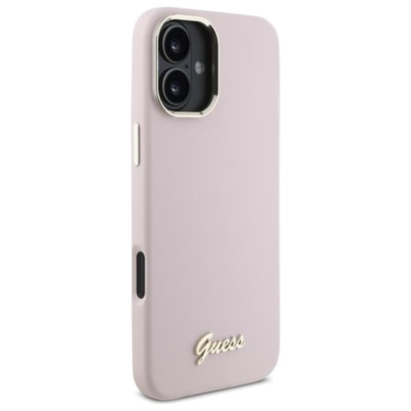 Guess telefontaske til iPhone 16 Silicone Script Metal Logo - Lyserød Rosa