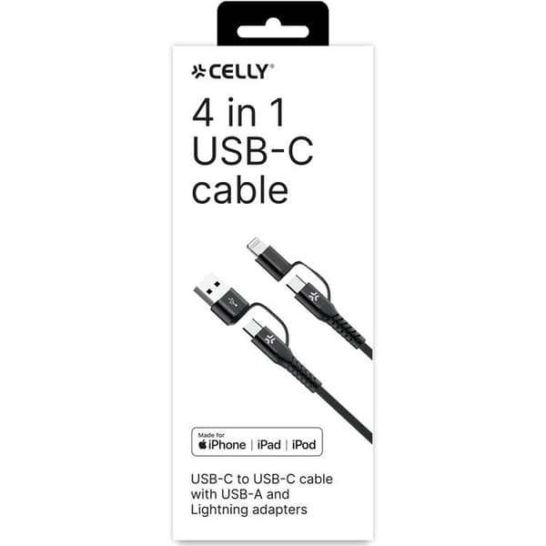 CELLY 4-i-1 USB-C till USB-C Lightning Max 60W 2m - Svart Black