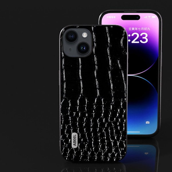 ABEEL iPhone 15 Plånboksfodral Anti-fall Äkta Läder Svart