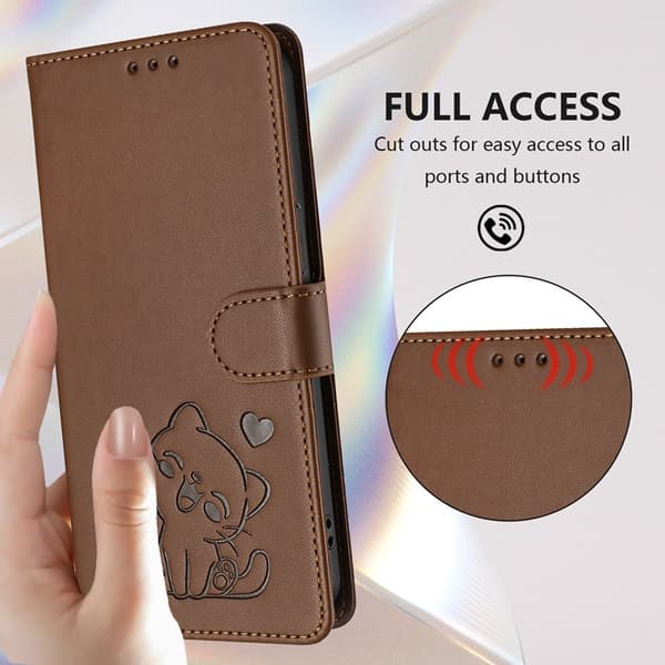 OnePlus 15 5G Konstläder Plånboksfodral Love Cat Pattern Imprint Brun