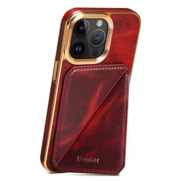 DENIOR iPhone 12 Pro Max Plånboksfodral Kortplats Ställ Waxy Äkta Läder Röd