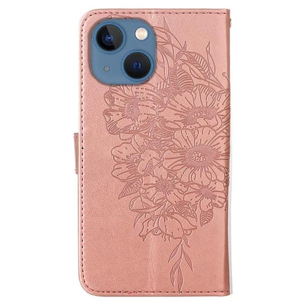 iPhone 14 Plus Pung Etui Sommerfugl Blomst Præget - Rose Guld