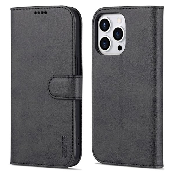 AZNS iPhone 15 Pro Plånboksfodral Ställ Konstläder - Svart