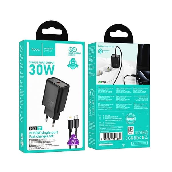 HOCO Snabbladdare USB-C 30W USB-C/Lightning Kabel N62 PD QC Svart