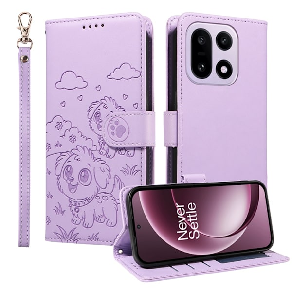 OnePlus 15 Konstläder Plånboksfodral RFID-Skydd Imprinted Dog Pattern Lila