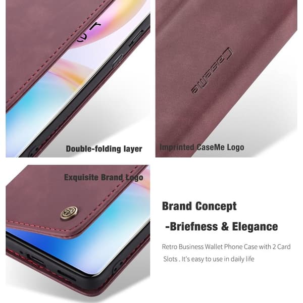CASEME Series Plånboksfodral Konstläder för OnePlus 8 Pro - Vinröd