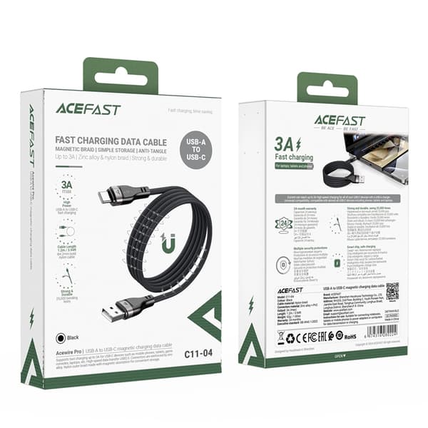 Acefast USB-A - USB-C 3A Kabel 1.2m Magnetic Braid - Svart Svart