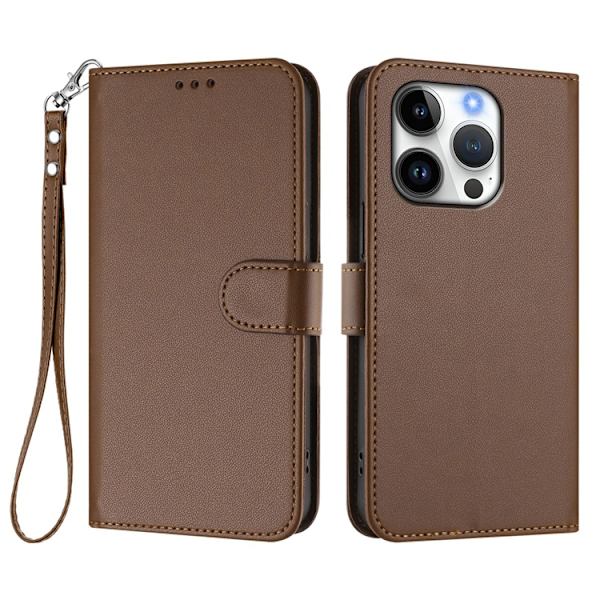 iPhone 15 Pro Max Plånboksfodral Läder med Handledsrem - Brun Brun