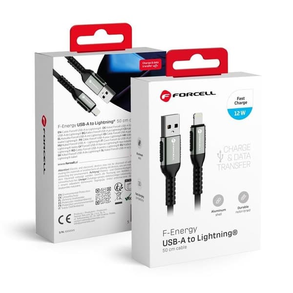 Forcell USB-A - Lightning 12W 2.4A Kabel 0.5m PD Cafule Svart Svart