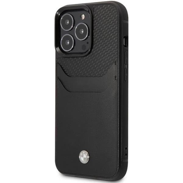 BMW-puhelinkotelo iPhone 14 Pro -korttipidikkeellä nahkaa - Musta Black