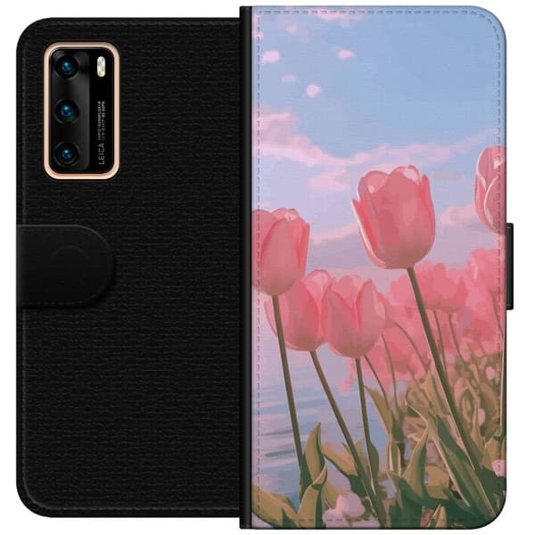 Pung Taske til Huawei P40 med Lyserøde Tulipaner