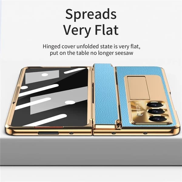 Mobilskal till Galaxy Z Fold7 5G läder + PC Kickstand - Guld+Blå Guld